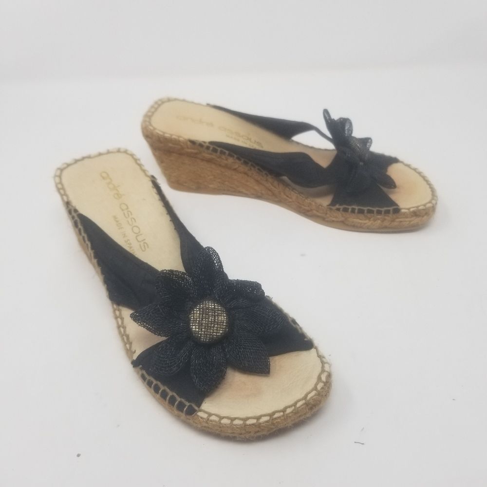 Andre Assous Black Flower Espadrille Wedge Sandals Slip On Open Toe Heels Sz 9